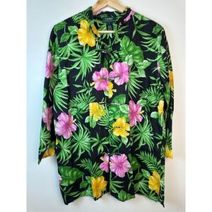 Lauren Ralph Lauren Linen Blouse Tropical Hibiscus Mandarin Tunic Top Women's M